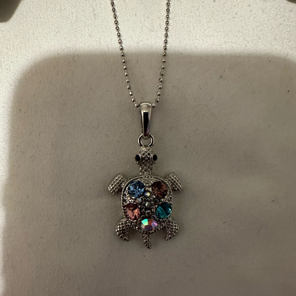 Silver Turtle Pendant Necklace with Multicolor Crystals